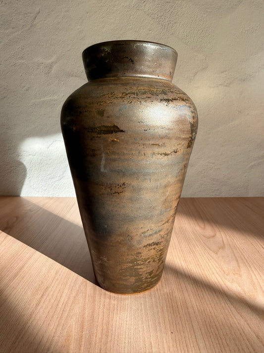 Large handmade ceramic vase with streaked bronze glaze