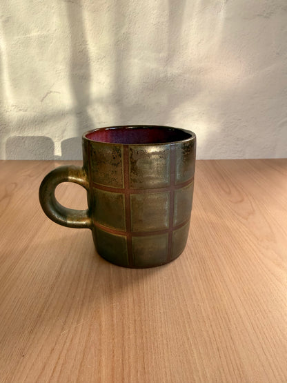 Handmade Ceramic Mug — Olive Bronze Grid Glaze