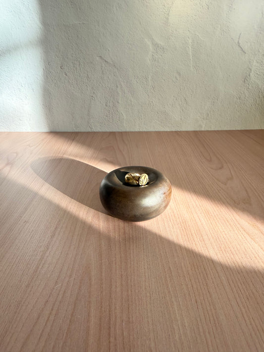 Small handmade ceramic catch-all dish with metallic bronze glaze