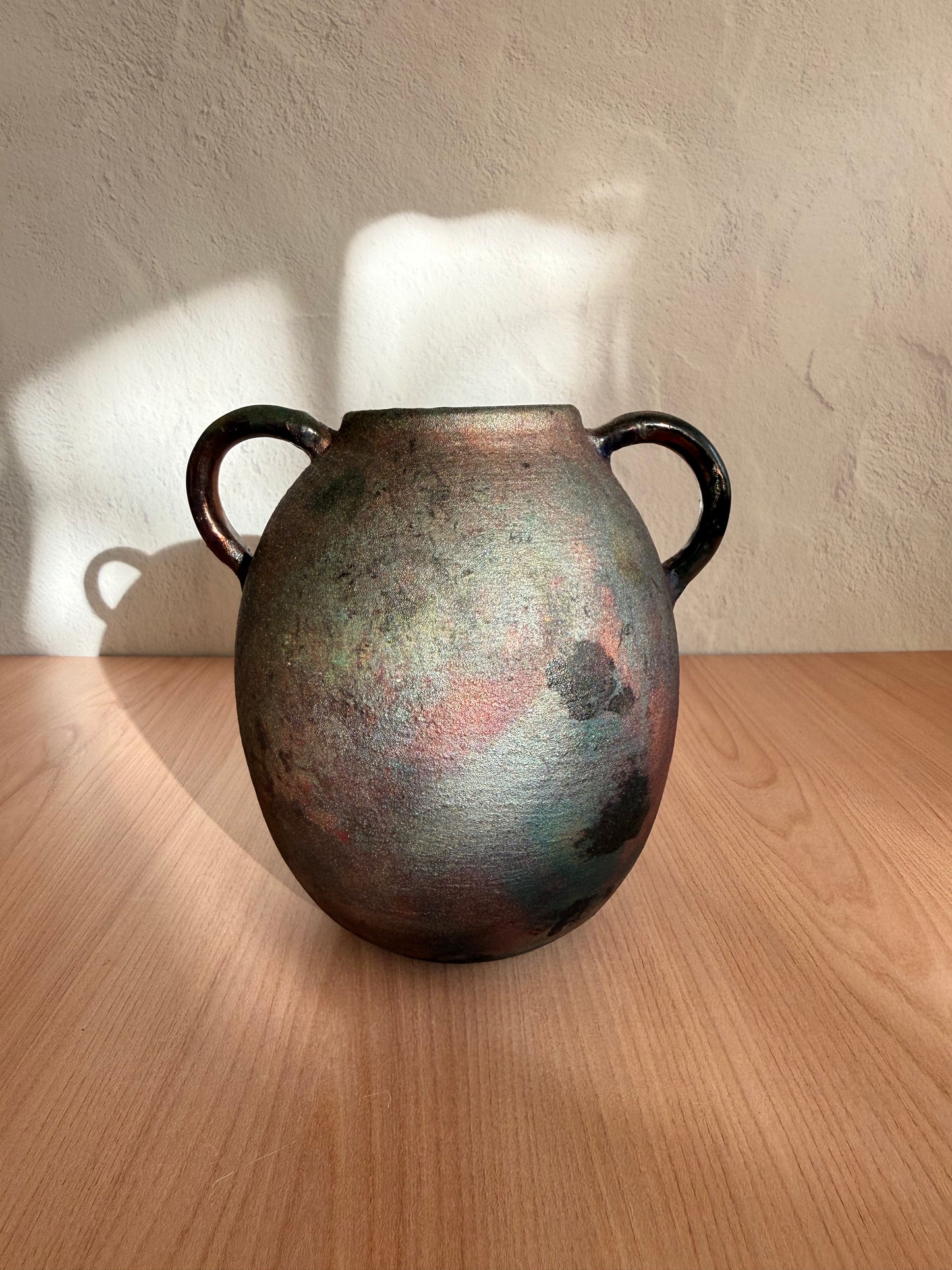 Handmade Ceramic Vase — Raku Fired, Metallic Finish