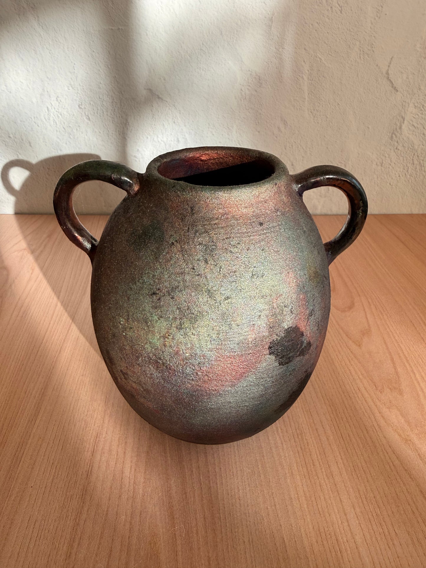 Handmade Ceramic Vase — Raku Fired, Metallic Finish