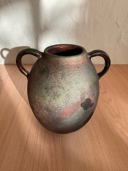 Handmade Ceramic Vase — Raku Fired, Metallic Finish