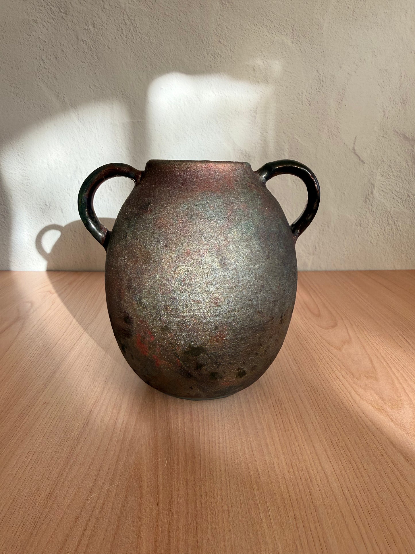 Handmade Ceramic Vase — Raku Fired, Metallic Finish