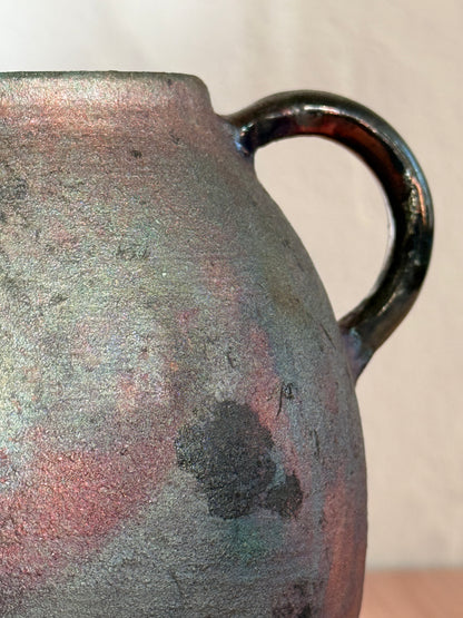 Handmade Ceramic Vase — Raku Fired, Metallic Finish