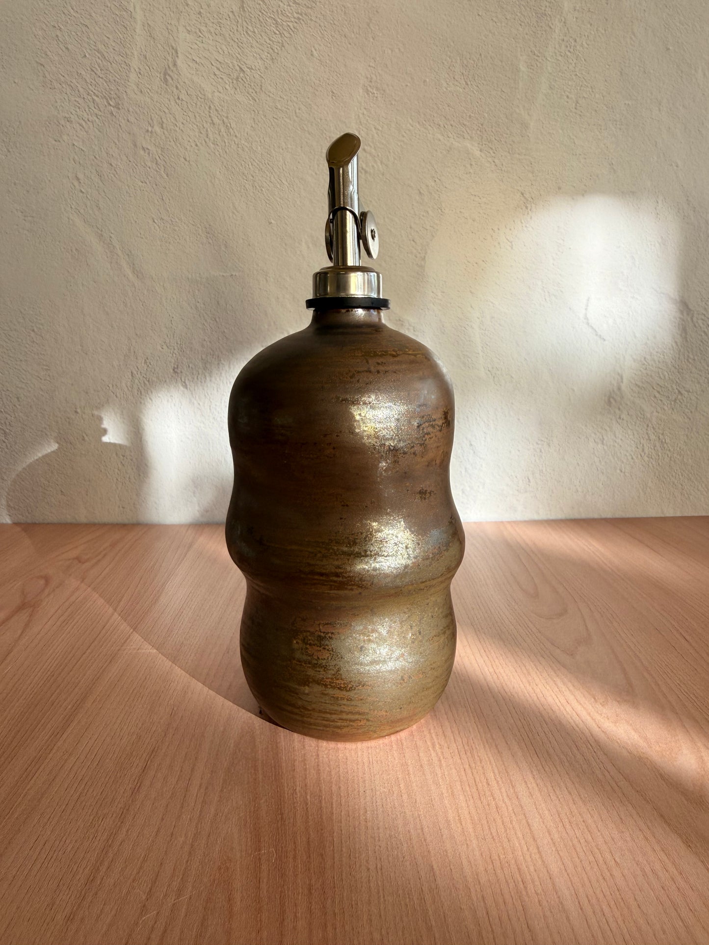 Handmade Ceramic Olive Oil Bottle — Sculptural Bronze Glaze
