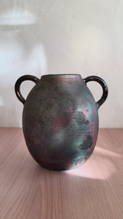 Handmade Ceramic Vase — Raku Fired, Metallic Finish