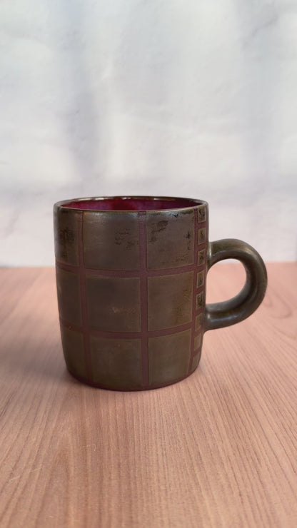 Handmade Ceramic Mug — Olive Bronze Grid Glaze