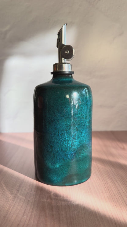 Handmade Ceramic Olive Oil Bottle — Deep Teal Glaze